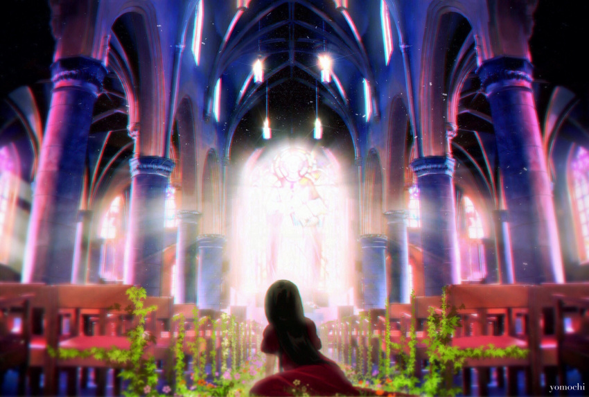 1girl, absurdres, artist_name, black_hair, chair, church_interior, from_behind, highres