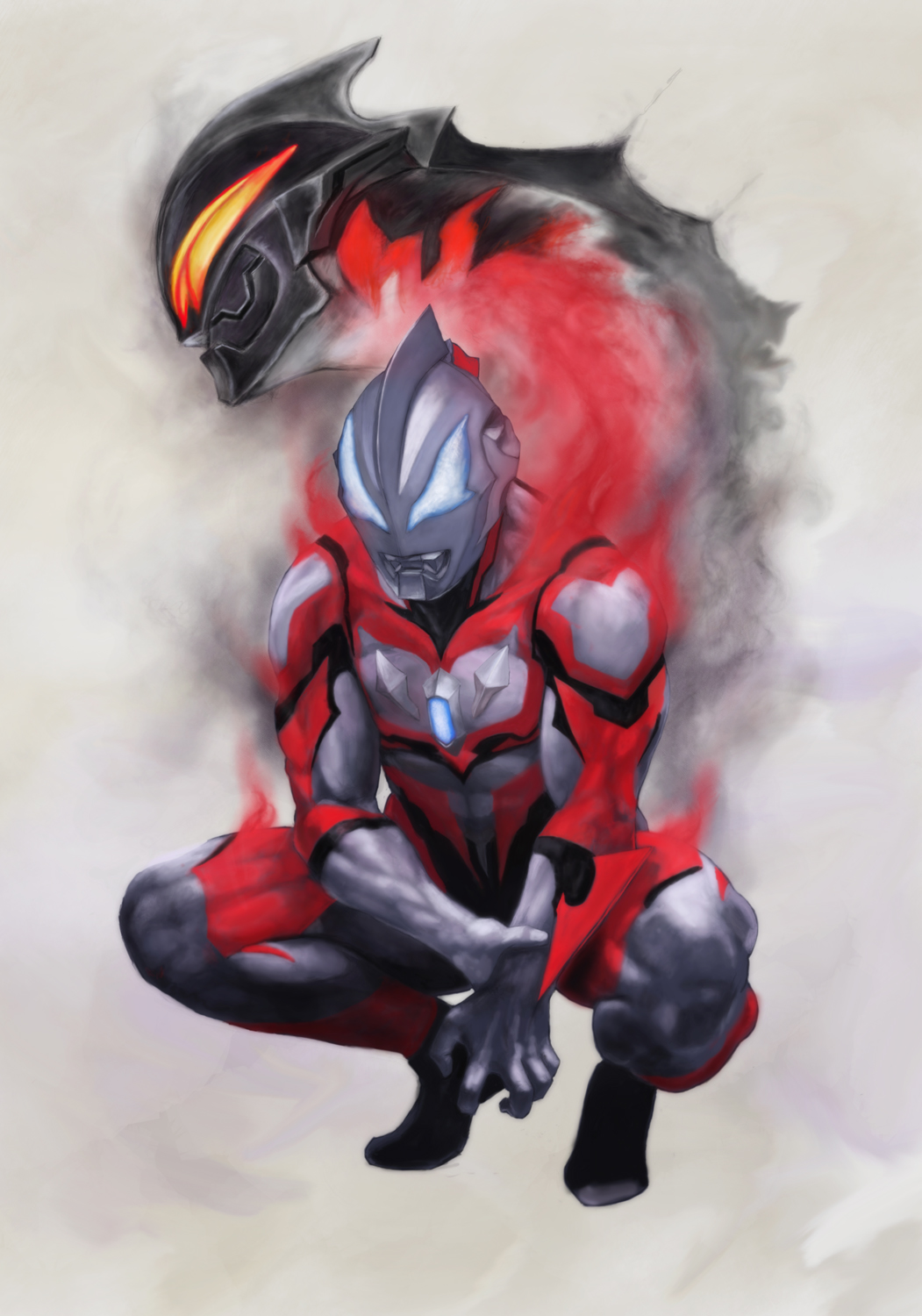 2boys, aura, blue_eyes, father_and_son, highres, holding_arm, male, multiple_boys, muscle, orange_eyes, smoke, squatting, ultra_series, ultraman_belial, ultraman_geed, ultraman_geed_(series), zeze