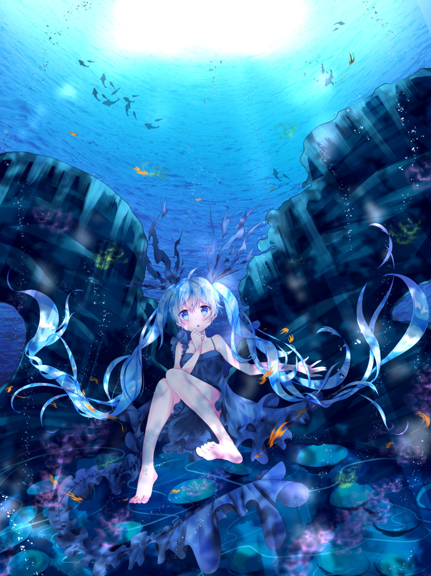 1girl, blue_eyes, blue_hair, blush, eyebrows_visible_through_hair, fish, hatsune_miku, highres