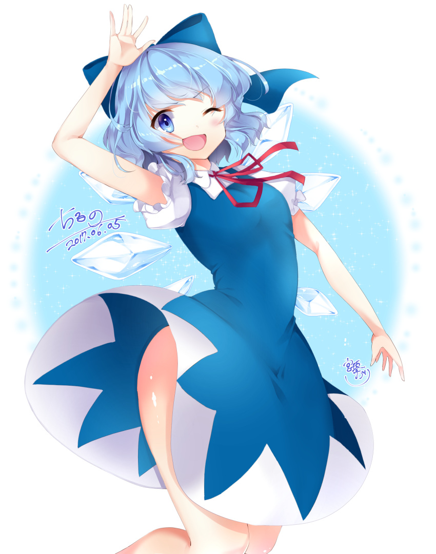 1girl, blue_bow, blue_eyes, blue_hair, blush, bow, cirno, dated, eyebrows_visible_through_hair, hair_bow, highres, looking_at_viewer, miya_sakaori, one_eye_closed, open_mouth, red_ribbon, ribbon, short_hair, signature, smile, solo, touhou