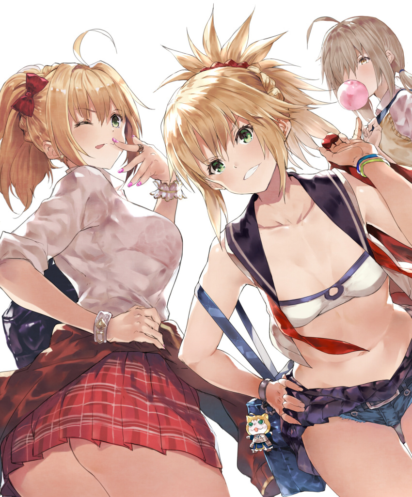 3girls, ;p, ahoge, alternate_costume, alternate_hairstyle, ass, bag_charm, blonde_hair, bow, bra, bracelet, braid, breasts, bubble_blowing, cardigan_around_waist, cowboy_shot, crown_braid, denim, denim_shorts, dutch_angle, fate/apocrypha, fate/extra, fate/grand_order, fate_(series), green_eyes, grin, hair_bow, hair_over_one_eye, heroine_x, heroine_x_(alter), highres, jewelry, light_brown_hair, low_ponytail, medium_breasts, midriff, multiple_girls, nail_polish, navel, one_eye_closed, open_clothes, open_shirt, pinky_out, plaid, plaid_skirt, pleated_skirt, ponytail, ring, saber, saber_extra, saber_of_red, sailor_collar, school_uniform, see-through, shirt, short_shorts, shorts, shoulder_blades, simple_background, skirt, small_breasts, smile, strap_slip, strapless, tokopi, tongue, tongue_out, tubetop, underwear, vest, white_background, wrist_cuffs
