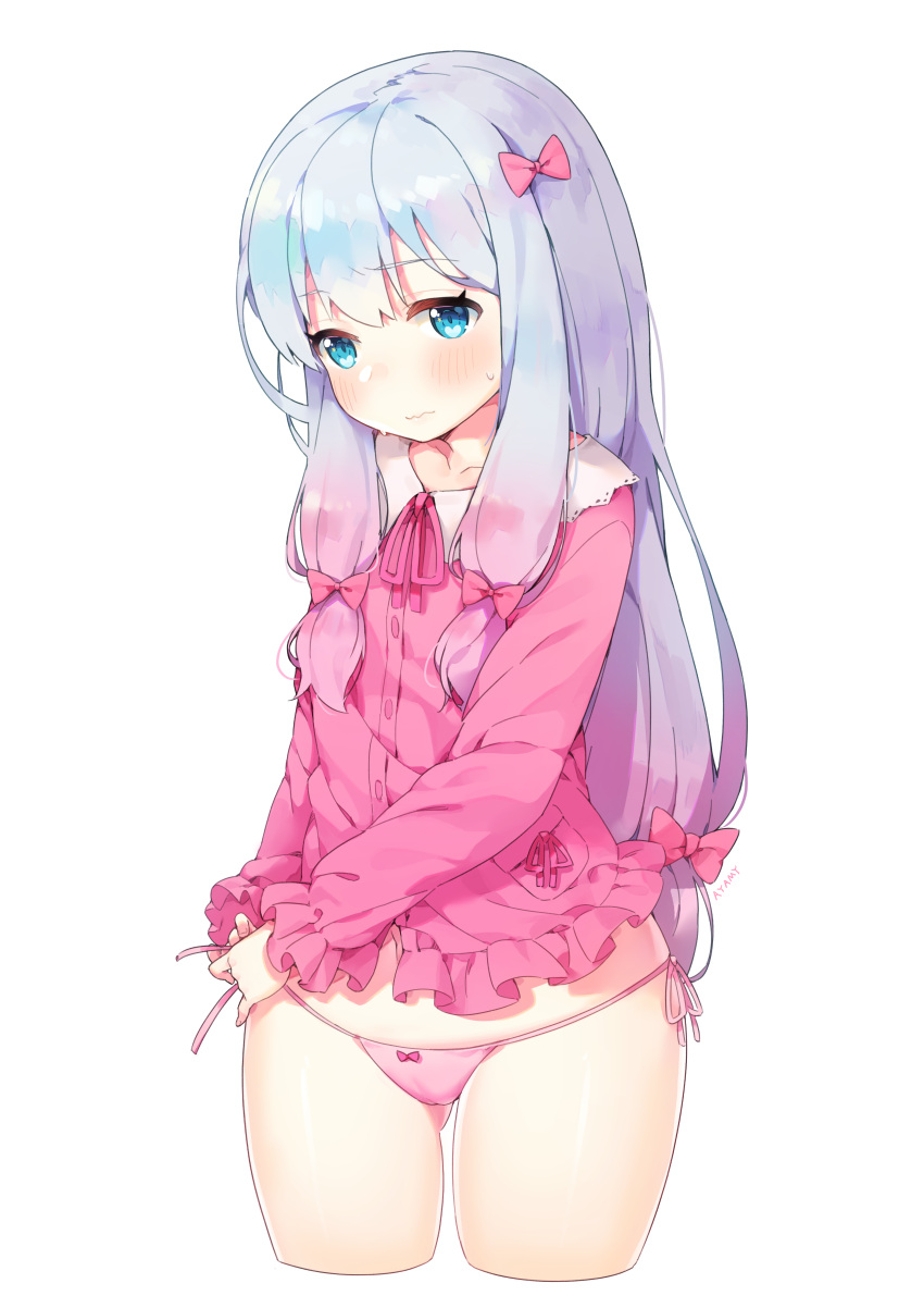 1girl, absurdres, artist_name, ayami_(annahibi), bangs, blue_eyes, blunt_bangs, blush
