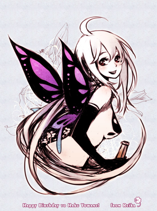breasts, butterfly_wings, red_eyes, reika_(artist), sideboob, siting_zeng, solo, vocaloid