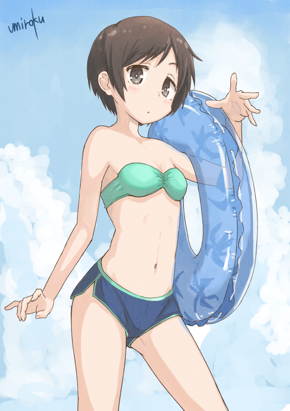 1girl, :o, aqua_bikini, aqua_bikini_top, arm, arm_at_side, arm_up, bare_arms