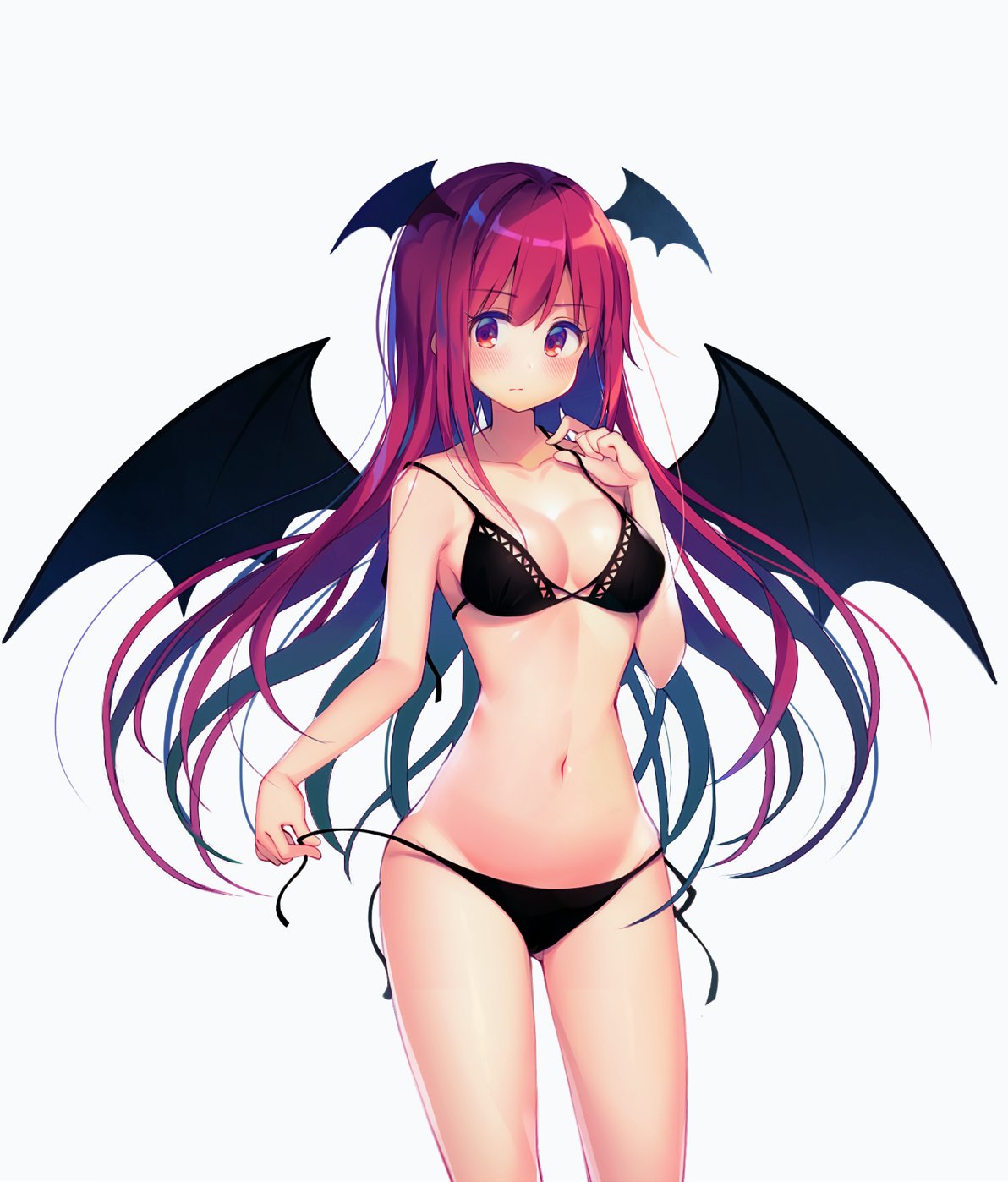 1girl, bangs, bikini, black_bikini, black_hair, blush, breasts, cleavage