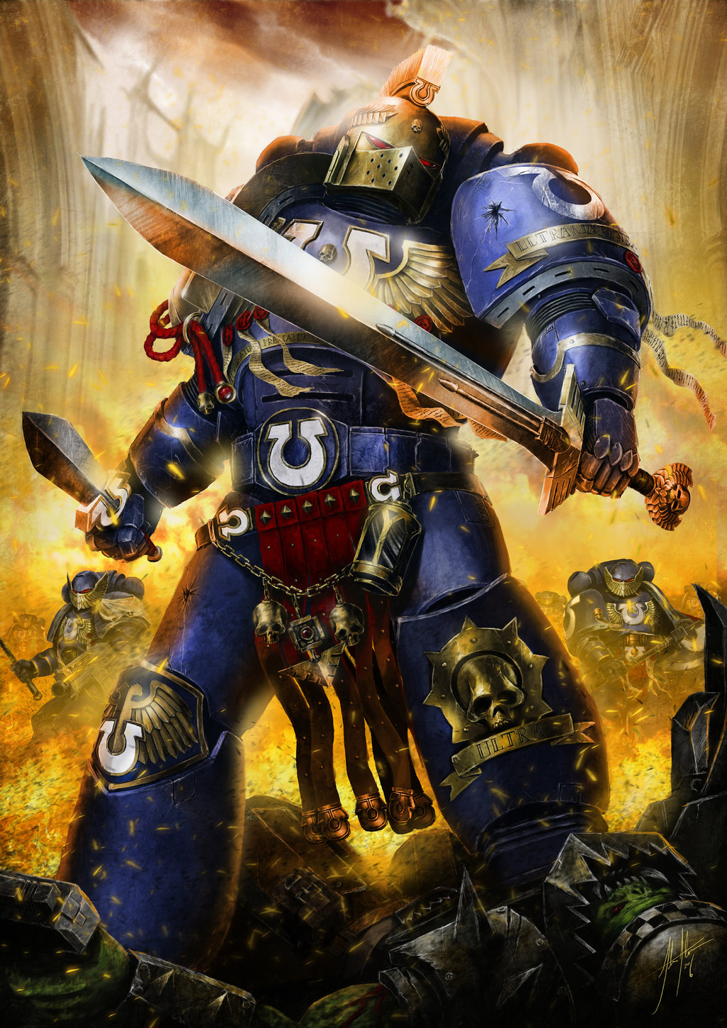 adeptus_astartes, armor, dual_wielding, gladius, helmet, highres, holding, holding_sword