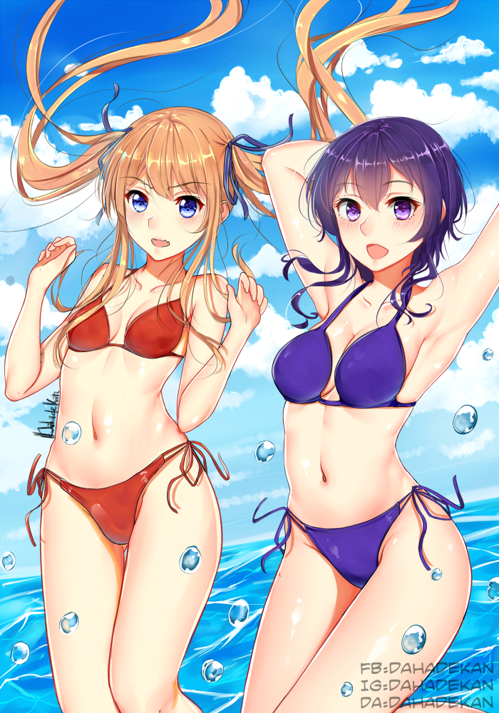 2girls, armpits, bikini, blonde_hair, blue_eyes, breasts, dahadekan, hyoudou_michiru