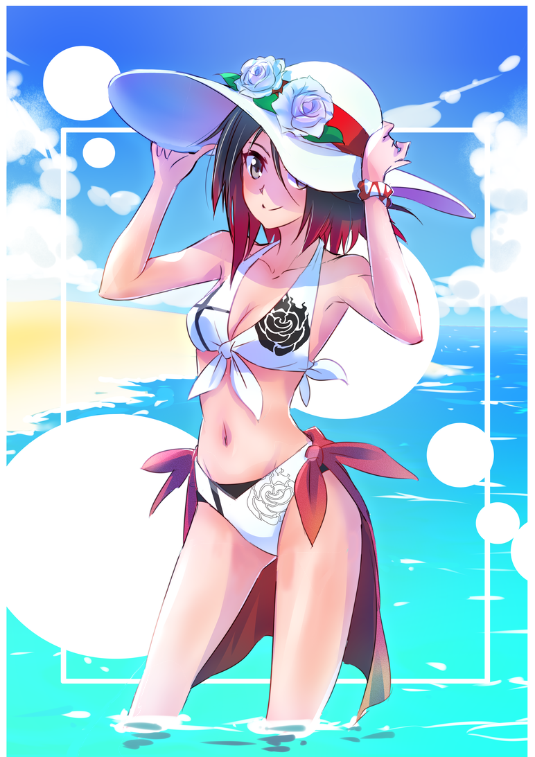 1girl, beach, bikini, floral_print, flower_hat, grey_eyes, iesupa, mature
