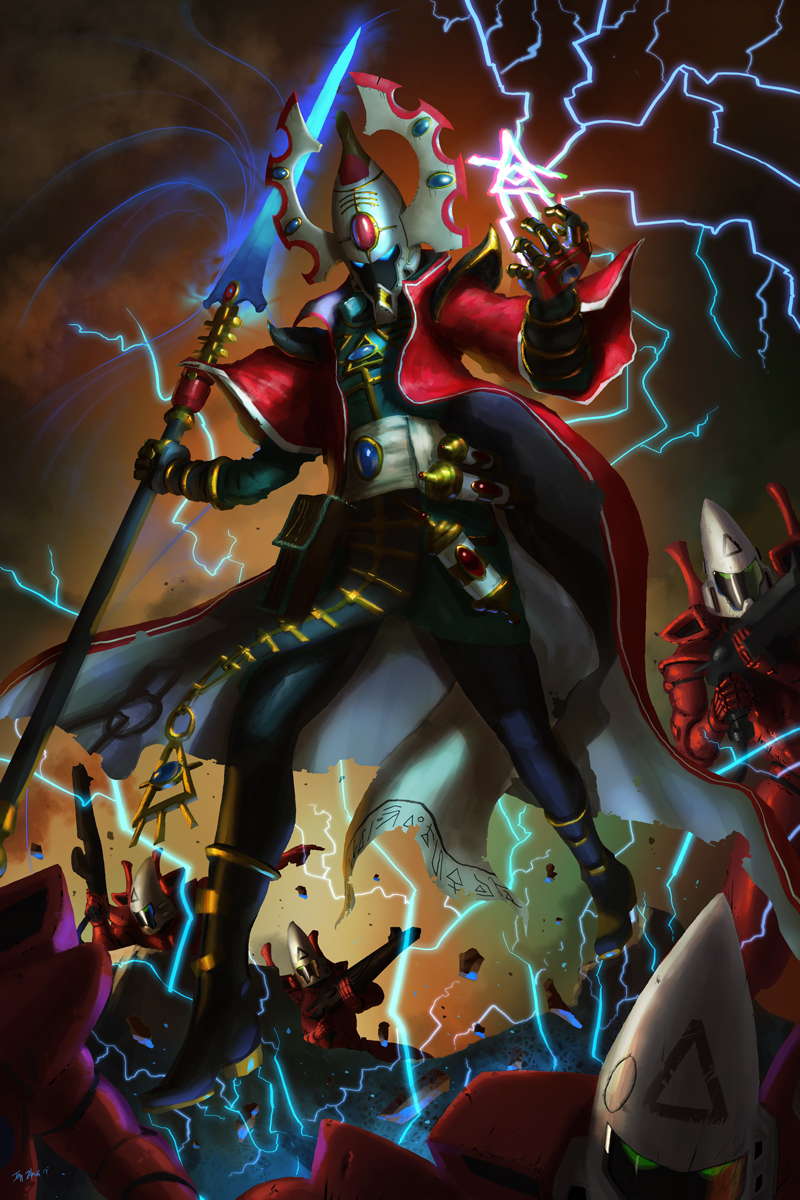 eldar, farseer, highres, holding, holding_weapon, jeff_zhang, lightning, magic