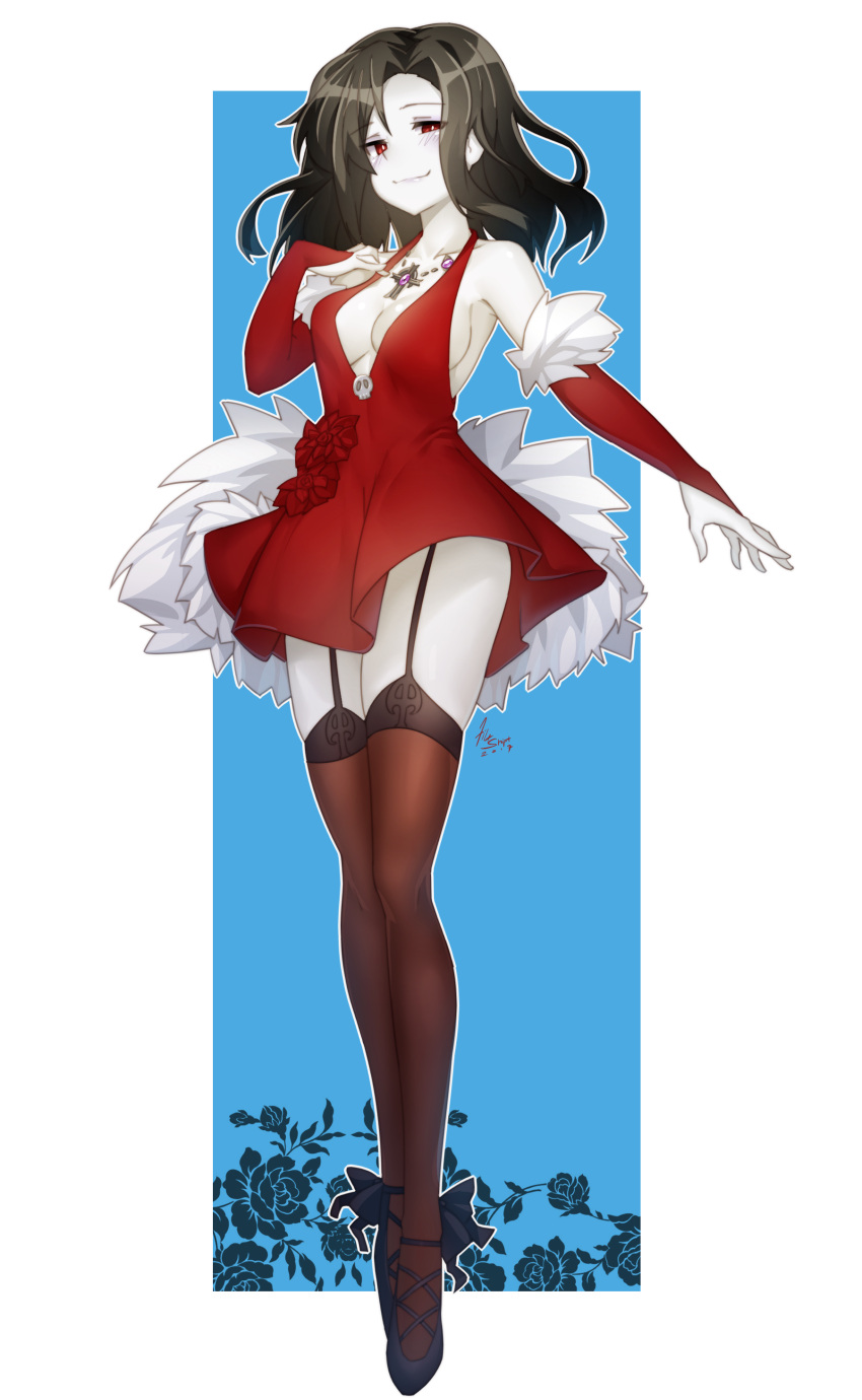 1girl, absurdres, bare_shoulders, black_hair, blue_background, breasts, bridal_gauntlets, brown_legwear