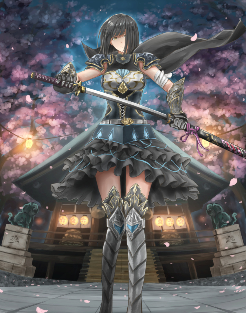 1girl, armor, black_cape, black_hair, black_skirt, breasts, cape, highres