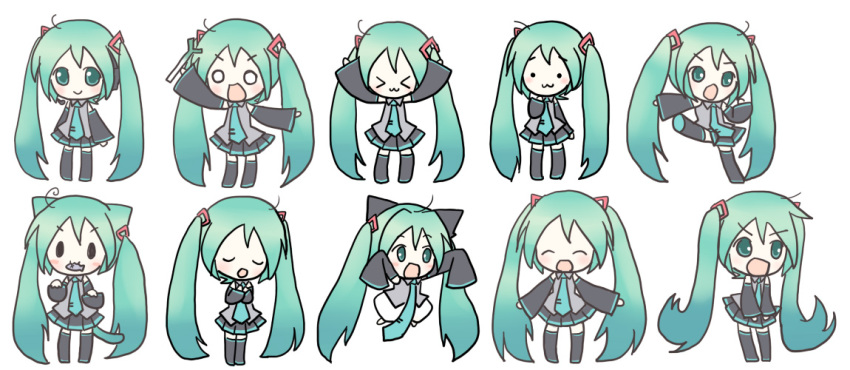 >_<, ahoge, animal_ears, aqua_eyes, aqua_hair, cat_ears, chibi, closed_eyes, detached_sleeves, fish, hatsune_miku, kick, kicking, long_hair, mouth_hold, necktie, nyoro~n, o_o, parody, potemayo, sakuramori_sumomo, singing, skirt, spring_onion, tail, thigh-highs, thighhighs, twintails, vocaloid, x3, zettai_ryouiki