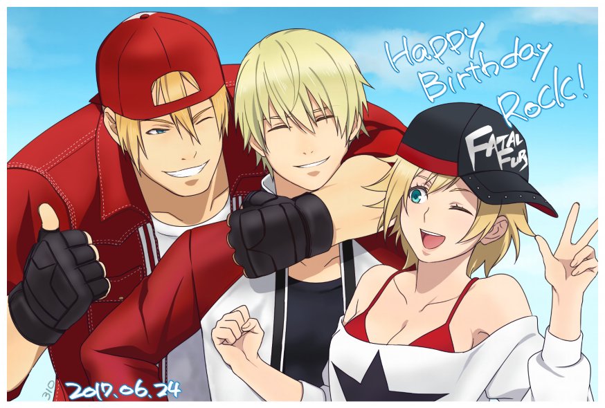 1girl, 2boys, adjusting_clothes, alice_(fatal_fury), backwards_hat, blonde_hair, bra, closed_eyes
