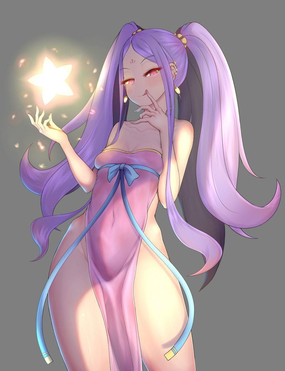 1girl, :q, assassin_of_the_nocturnal_castle, breasts, collarbone, covered_navel, earrings, finger_to_tongue, glowing, glowing_eyes, highres, jewelry, long_hair, looking_at_viewer, naughty_face, nikuku_(kazedesune), pink_eyes, purple_hair, raised_eyebrows, small_breasts, solo, star, thighs, tongue, tongue_out, twintails, wide_hips
