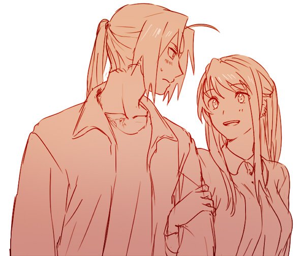 1boy, 1girl, arm_grab, blush, couple, edward_elric, eyebrows_visible_through_hair, fullmetal_alchemist