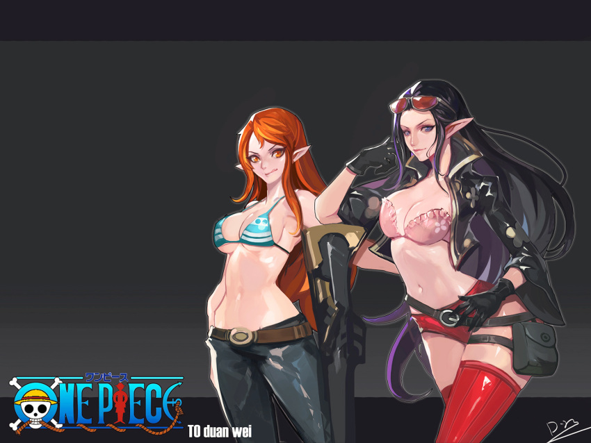 >:), >:q, 2girls, :q, bare_back, bare_shoulders, belt, belt_pouch
