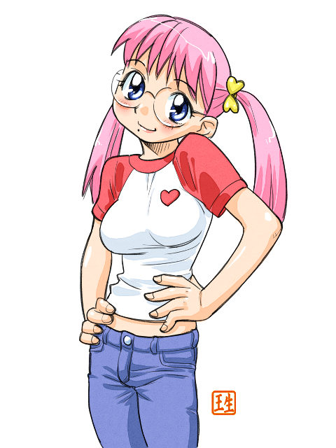 breasts, glasses, hands_on_hips, heart, ikurumi_kaoru, mole, original, pink_hair