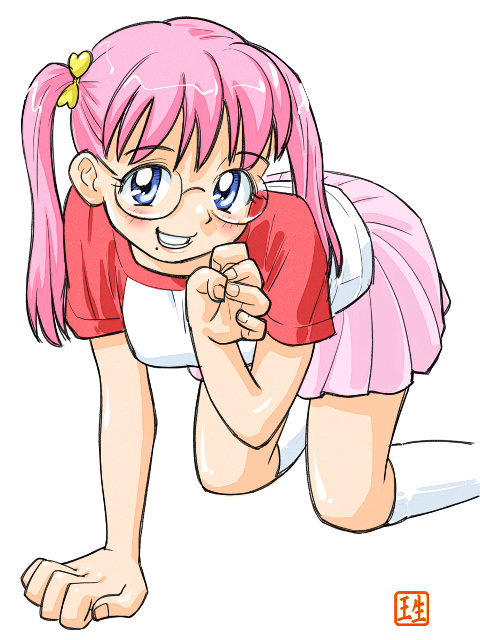 azumi_(ikurumi), breasts, glasses, ikurumi_kaoru, kneehighs, mole, original, pink_hair, raglan_sleeves, skirt, thigh-highs, twintails, white_legwear
