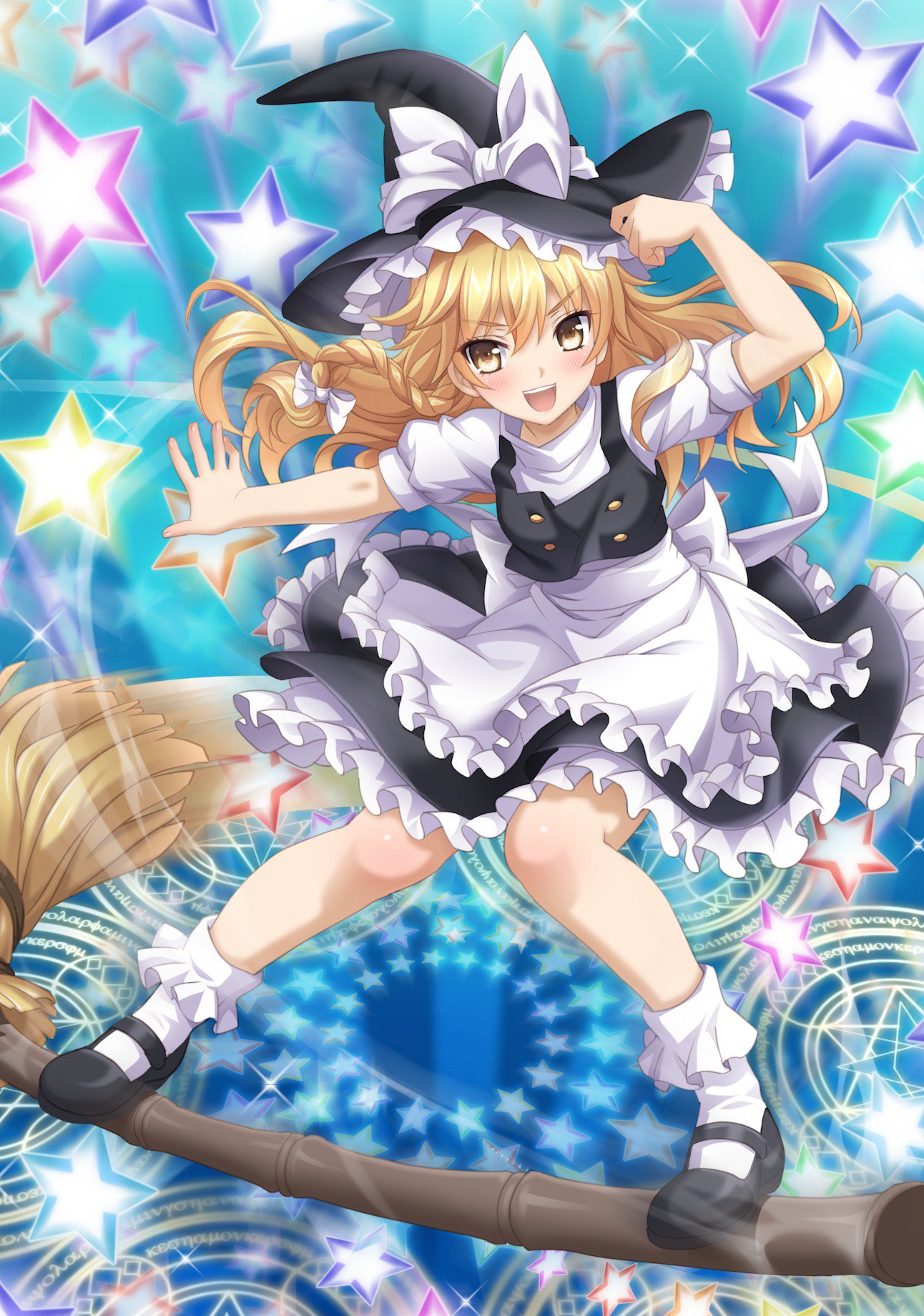 1girl, apron, blonde_hair, blush, bobby_socks, bow, braid, broom, broom_surfing, danmaku, danmaku!!, eyebrows_visible_through_hair, full_body, hair_bow, hand_on_headwear, hand_up, hat, hat_bow, highres, jpeg_artifacts, kirisame_marisa, knees_together_feet_apart, long_hair, looking_at_viewer, magic_circle, mary_janes, open_mouth, outstretched_arm, puffy_short_sleeves, puffy_sleeves, shoes, short_sleeves, side_braid, single_braid, skirt, skirt_set, smile, socks, solo, sparkle, star, starry_background, waist_apron, wanaca, white_legwear, witch_hat, yellow_eyes