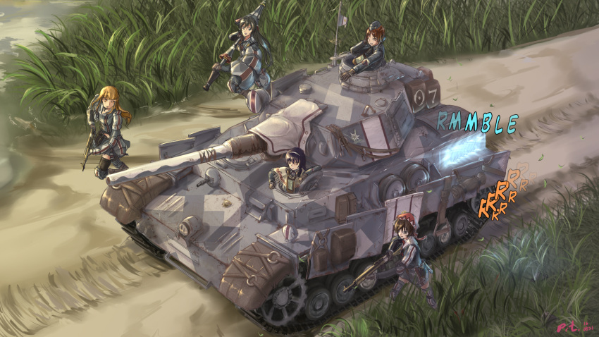 5girls, akiyama_yukari, edelweiss_(senjou_no_valkyria), gameplay_mechanics, girls_und_panzer, grass, ground_vehicle, gun