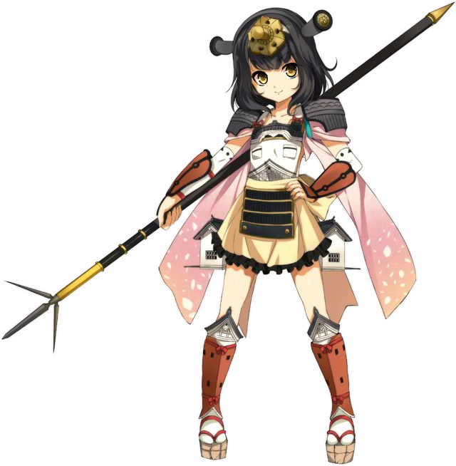 1girl, armor, black_hair, full_body, hair_ornament, hairband, hand_on_hip, holding