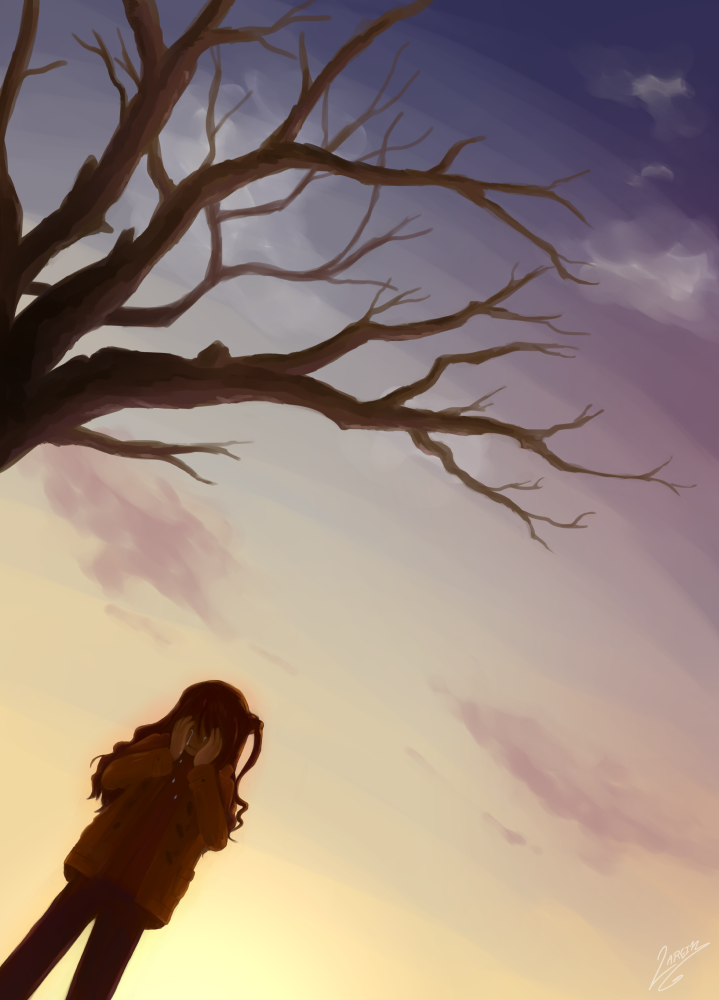 10s, 1girl, bare_tree, brown_hair, cardigan, clouds, commentary, covering_face
