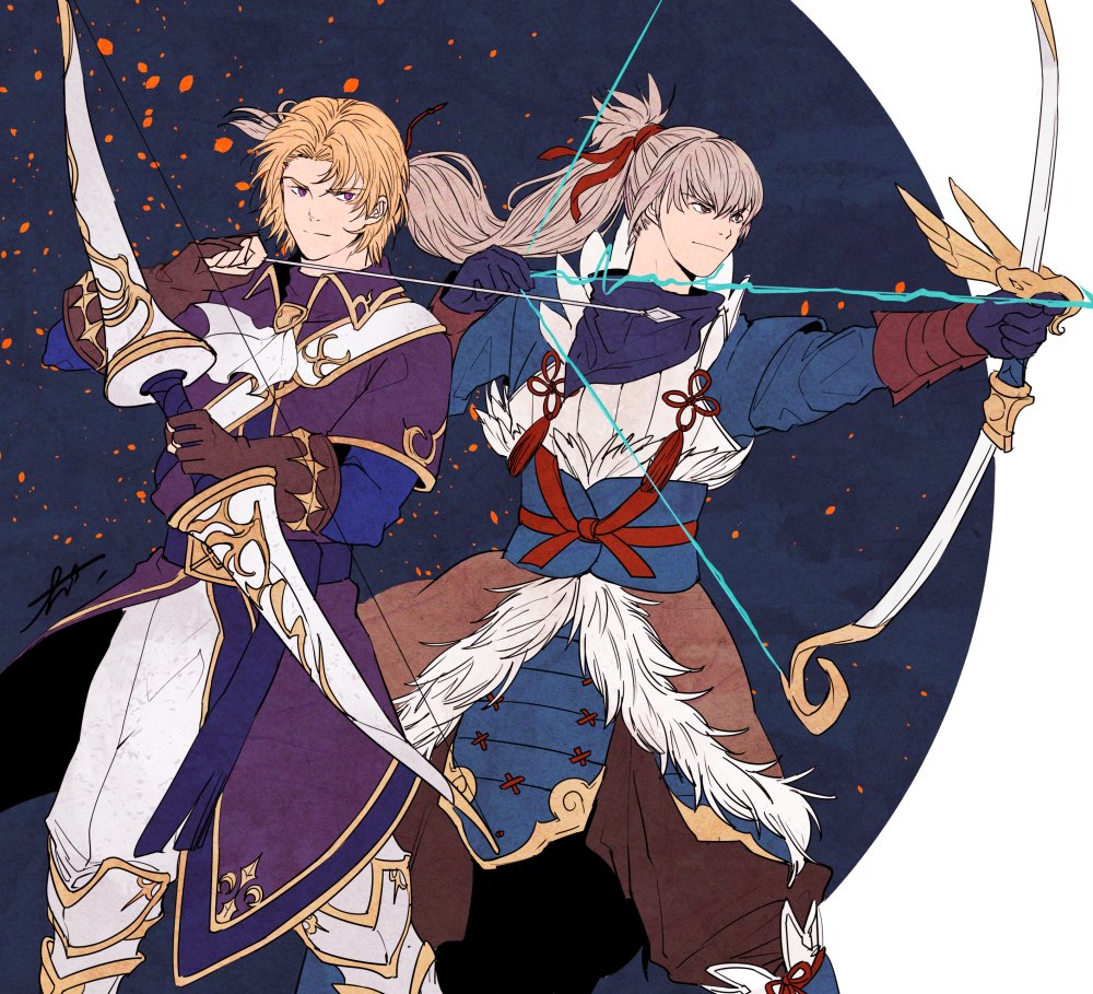 2boys, arrow, blonde_hair, bow_(weapon), fire_emblem, fire_emblem:_fuuin_no_tsurugi, fire_emblem_heroes, fire_emblem_if