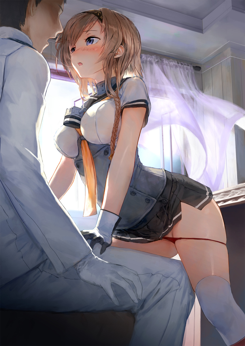 1boy, 1girl, admiral_(kantai_collection), arched_back, between_breasts, blue_eyes, blush, braid, breasts, brown_hair, curtains, eye_contact, gloves, hairband, hand_on_another's_thigh, hetero, highres, indoors, kantai_collection, leaning_forward, looking_at_another, medium_breasts, miniskirt, open_mouth, panties, panty_pull, red_panties, saliva, saliva_trail, short_hair_with_long_locks, side_braid, skirt, teruzuki_(kantai_collection), thigh-highs, treeware, underbust, underwear, white_gloves, white_legwear