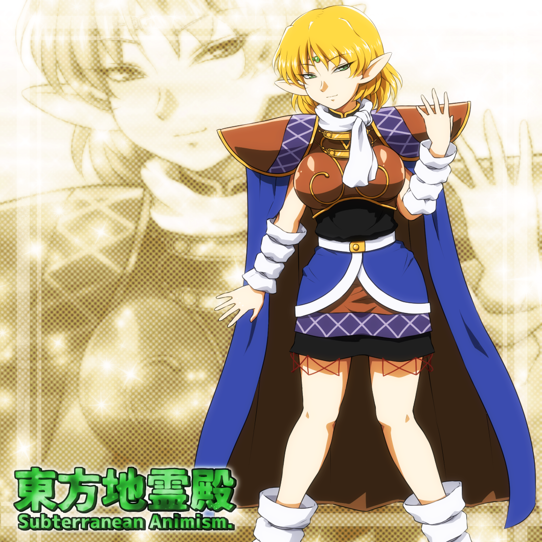 1girl, arm_up, arm_warmers, armor, blonde_hair, cape, commentary_request, cosplay