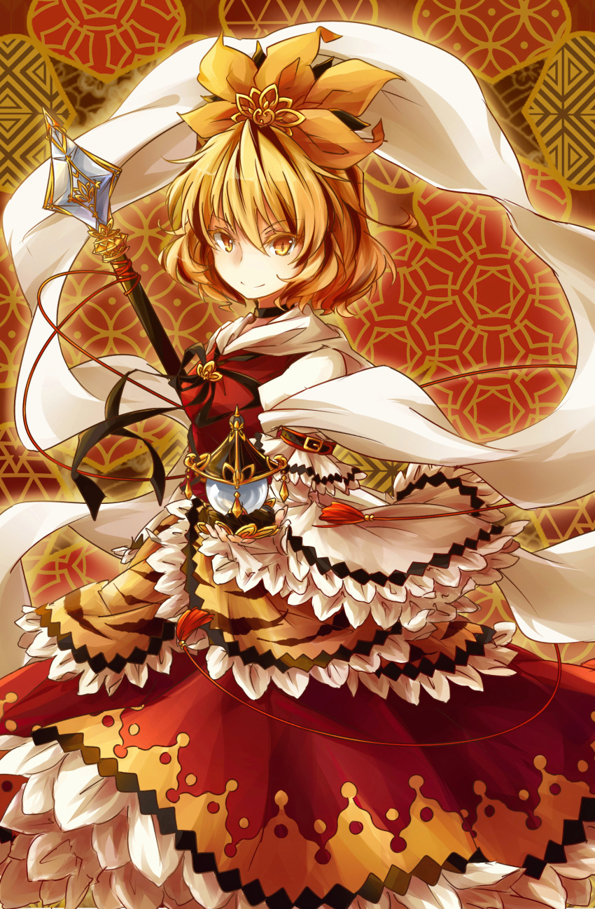 1girl, absurdres, animal_print, armband, bishamonten's_pagoda, bishamonten's_spear, choker, flower