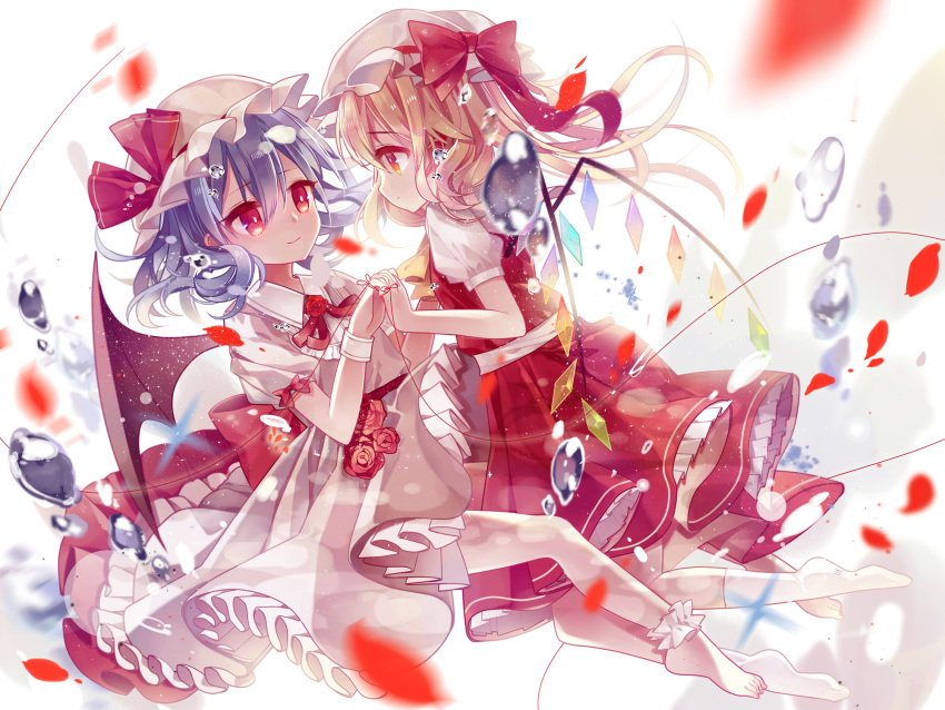 2girls, barefoot, bat_wings, blonde_hair, bubble, crystal, dress, dutch_angle