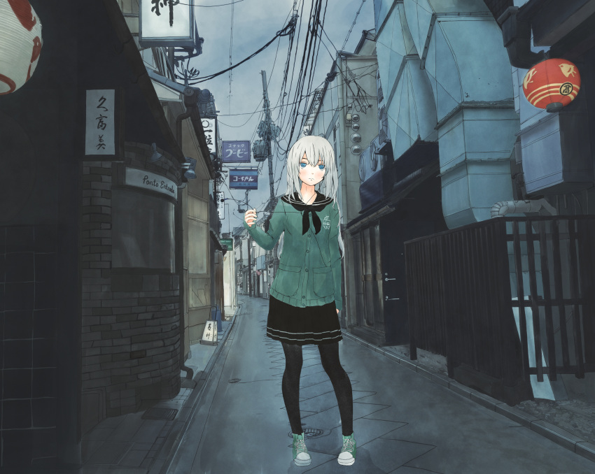 1girl, alley, black_kerchief, black_legwear, black_skirt, blue_eyes, clouds, cloudy_sky