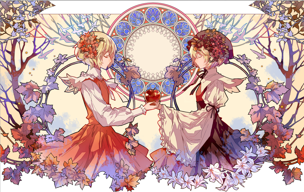 2girls, aki_minoriko, aki_shizuha, apple, bird, black_dress, black_ribbon, blonde_hair