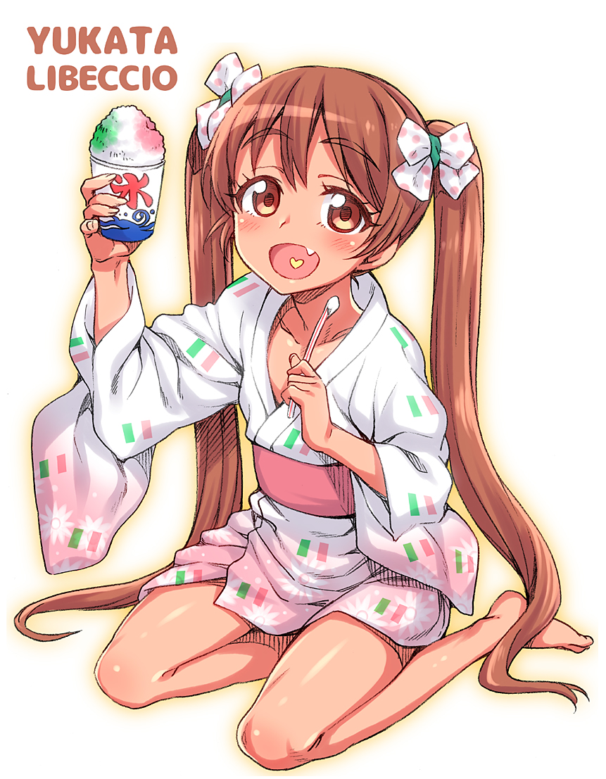 1girl, :d, blush, brown_eyes, brown_hair, character_name, commentary_request, eyebrows_visible_through_hair