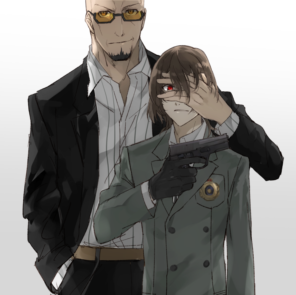 akechi_gorou, bald, beard, brown_hair, expressionless, facial_hair, glasses, gloves, gun, hand_on_another's_face, handgun, kanro_(3637_3637), male_focus, persona, persona_5, red_eyes, shidou_masayoshi, smirk, spoilers, weapon