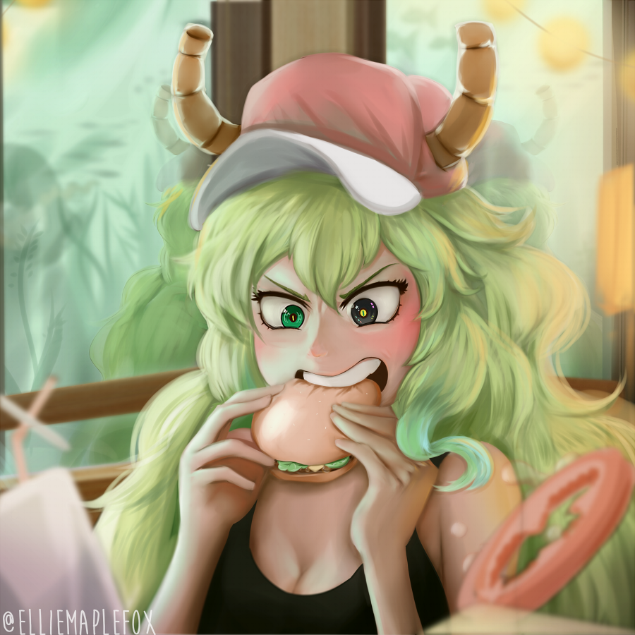 1girl, blush, breasts, cleavage, eating, elliemaplefox, food, food_in_mouth