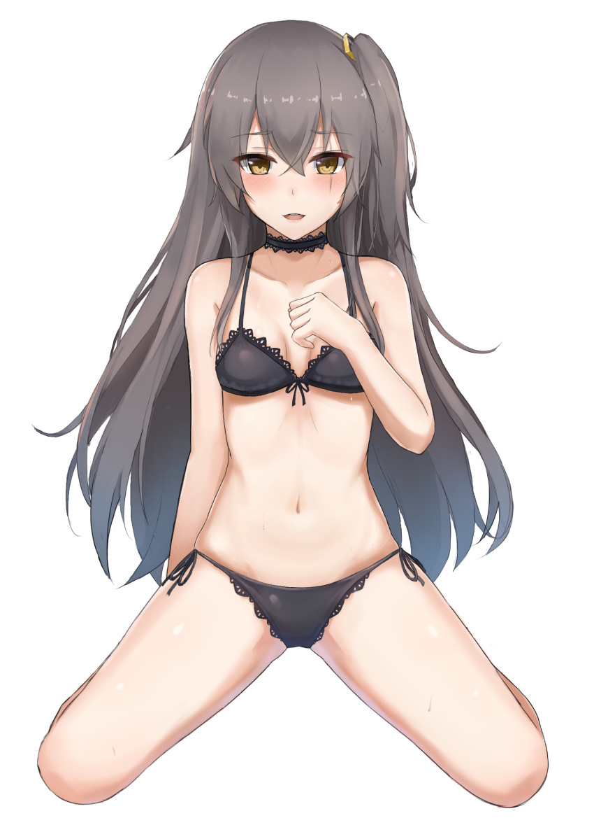 1girl, bangs, bikini, black_bikini, black_bra, black_panties, blush, bra, breasts, brown_eyes, collarbone, eyebrows_visible_through_hair, full_body, girls_frontline, grey_hair, hair_between_eyes, hand_on_own_chest, hand_up, highres, long_hair, looking_at_viewer, navel, one_side_up, open_mouth, panties, scar, scar_across_eye, seaweed2017, side-tie_panties, simple_background, sitting, small_breasts, smile, solo, swimsuit, thighs, ump45_(girls_frontline), underwear, underwear_only, wariza, white_background