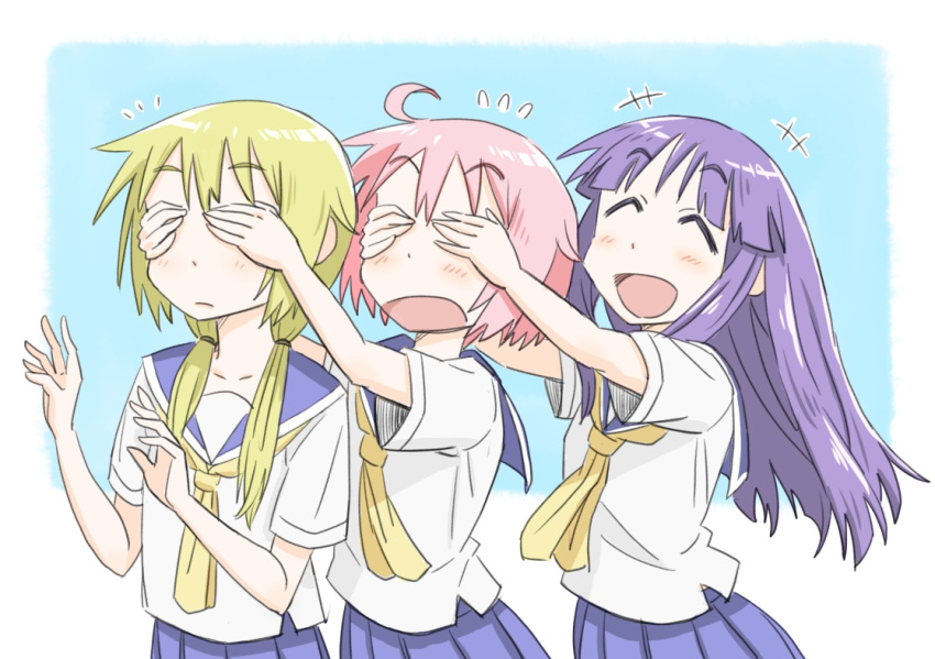 3girls, ahoge, bangs, blonde_hair, blush, covered_eyes, eyebrows_visible_through_hair, hair_tie