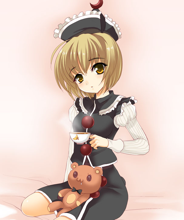 cup, cups, hanao_(artist), hanao_(kuma-tan_flash!), hat, lunasa_prismriver, solo, stuffed_animal