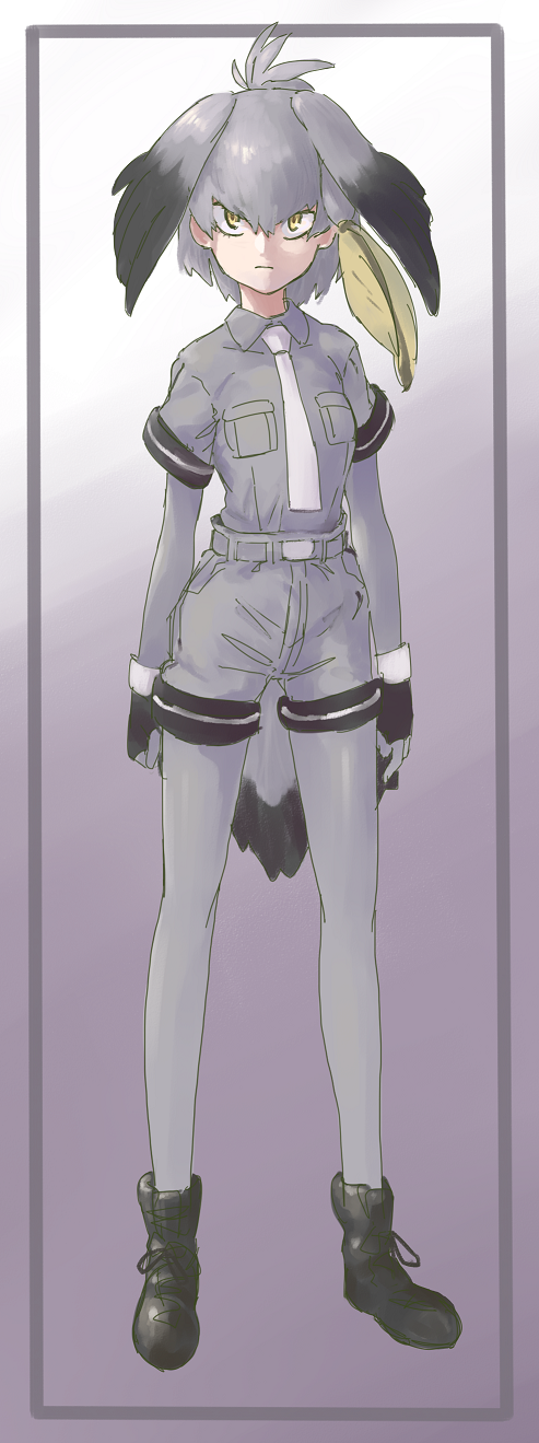 1girl, black_boots, black_hair, boots, collared_shirt, feather_tails, feathers, full_body, gradient, gradient_background, grey_background, grey_legwear, grey_necktie, grey_shirt, grey_shorts, head_wings, highres, kadoyuki_(kadouki), kemono_friends, looking_at_viewer, low_ponytail, multicolored_hair, necktie, pantyhose, pantyhose_under_shorts, shirt, shoebill_(kemono_friends), shorts, side_ponytail, silver_hair, solo, staring, yellow_eyes