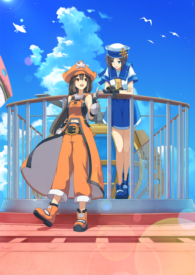 2girls, :d, april_(guilty_gear), arm_belt, bangs, bare_shoulders, belt_buckle, bird