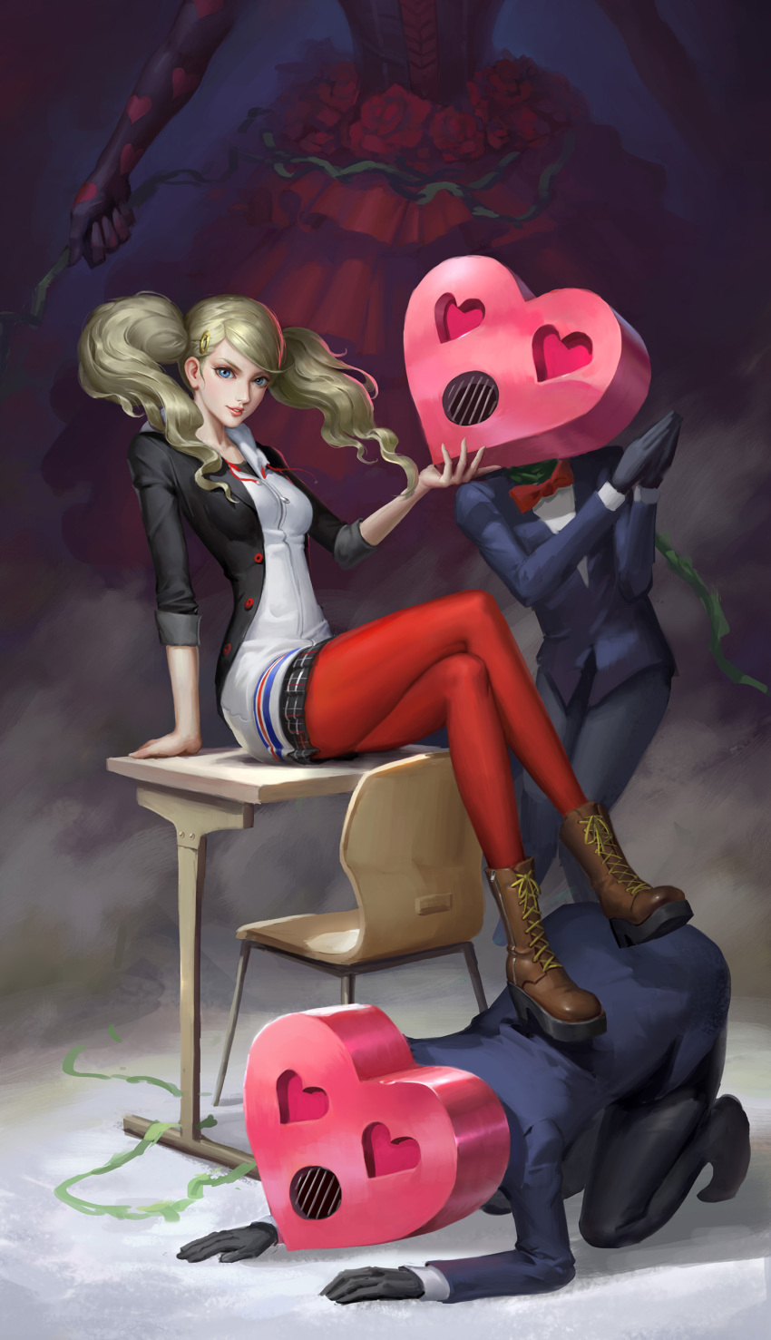 absurdres, blonde_hair, blue_eyes, carmen_(persona_5), desk, dress, femdom, hair_ornament