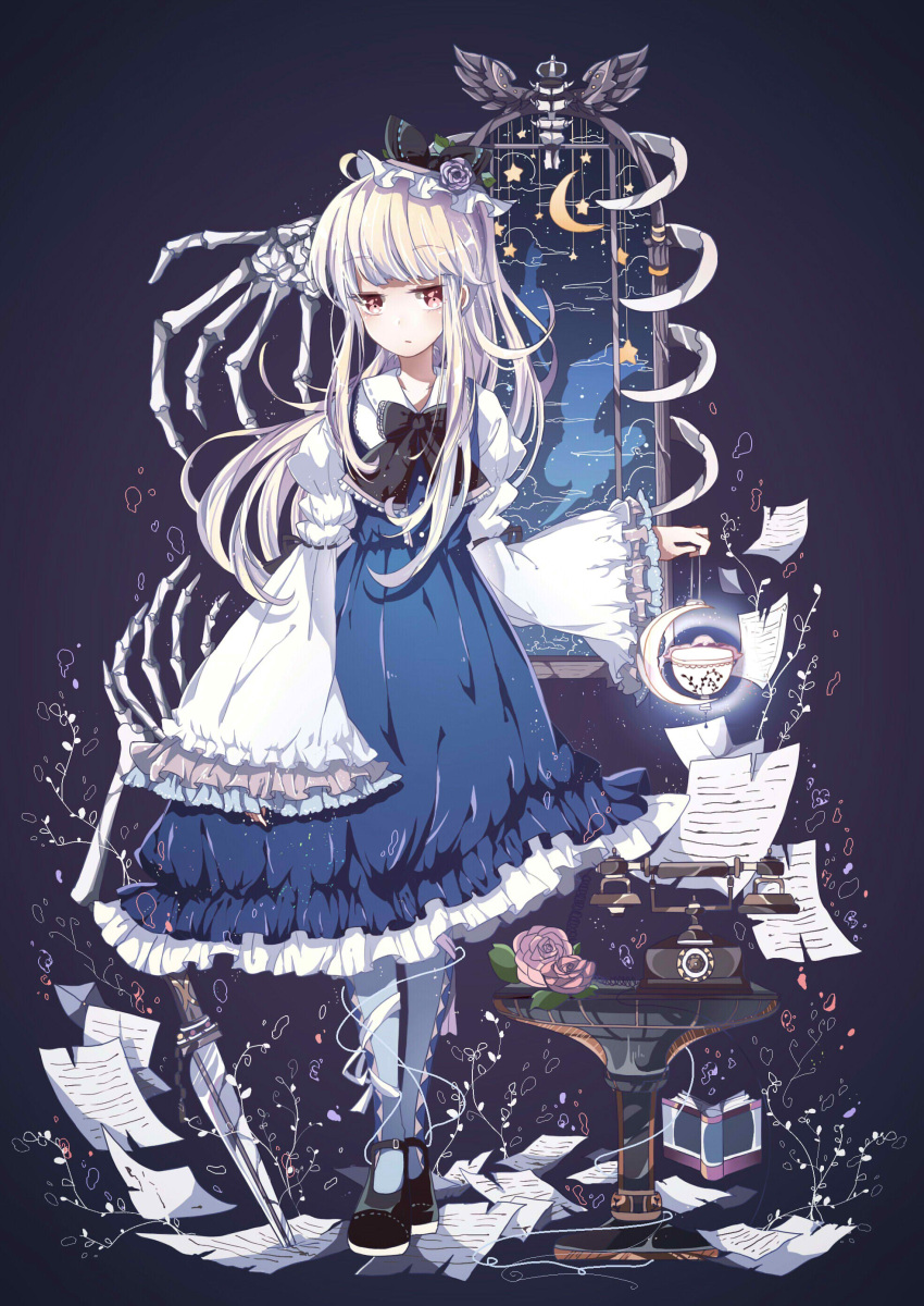 1girl, absurdres, azure-aoi-, blonde_hair, blue_legwear, closed_mouth, crescent_moon, cup