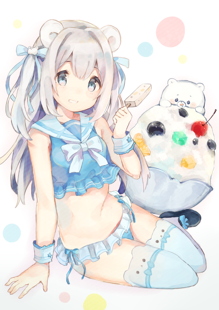 1girl, animal_band_legwear, animal_ears, bangs, bear, bear_ears, bear_hair_ornament, bikini_skirt, blue_bow, blue_bowtie, blue_eyes, blue_ribbon, blush, bow, bowtie, cherry, eyebrows_visible_through_hair, food, fruit, grey_hair, grin, hair_bow, hair_ornament, hair_ribbon, ice_cream, looking_at_viewer, midriff, navel, original, parted_lips, polar_bear, popsicle, ribbon, sailor_collar, sencha_(senta_10), sitting, smile, solo, sundae, teeth, thigh-highs, two_side_up, white_legwear, yokozuwari