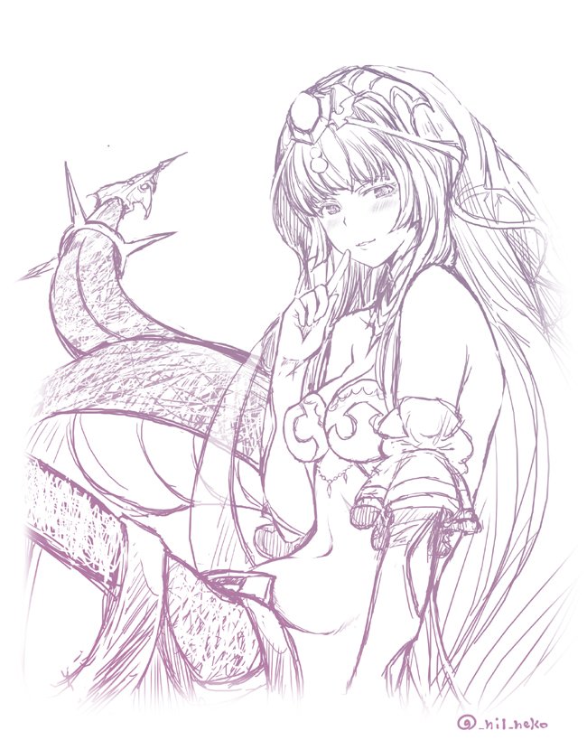 1girl, bridal_veil, echidna_(granblue_fantasy), finger_to_mouth, granblue_fantasy, lamia, monochrome, monster_girl