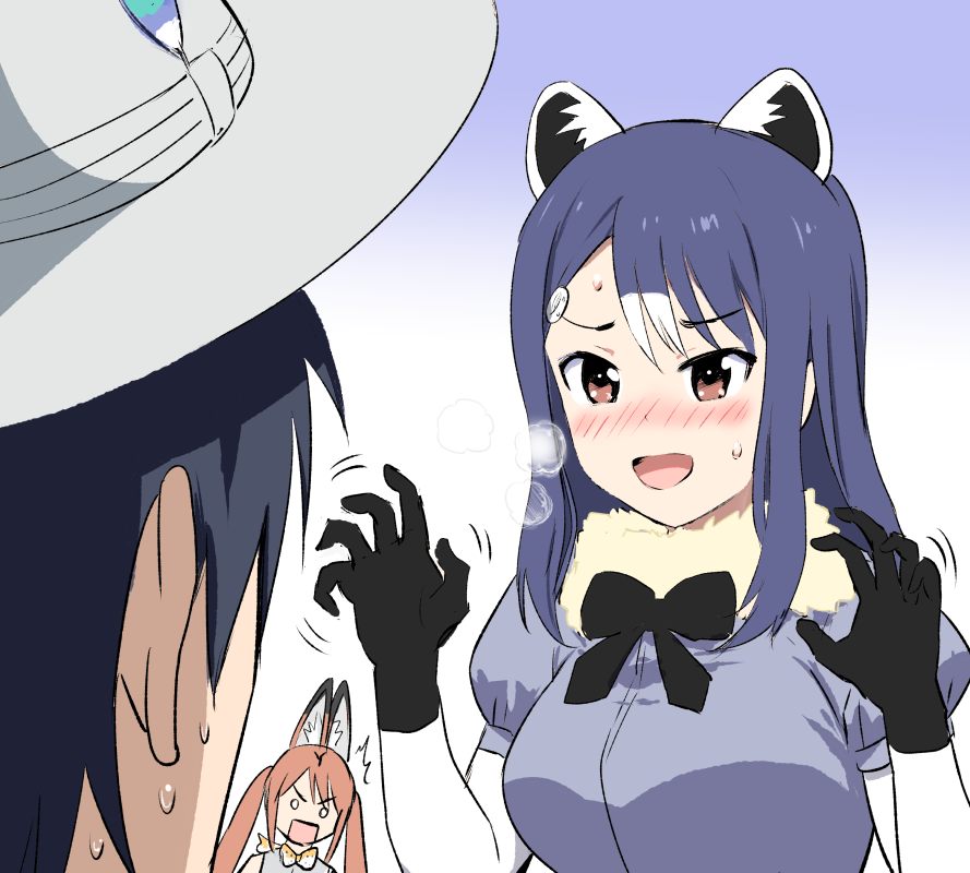 /\/\/\, 1boy, 2girls, aho_girl, blue_hair, blush, breath, brown_eyes, bucket_hat, common_raccoon_(kemono_friends), common_raccoon_(kemono_friends)_(cosplay), cosplay, fur_collar, fuuki_iinchou_(aho_girl), gloves, hanabatake_yoshiko, hat, hat_feather, kaban_(kemono_friends), kaban_(kemono_friends)_(cosplay), kemono_friends, multicolored_hair, multiple_girls, mushi_gyouza, serval_(kemono_friends), serval_(kemono_friends)_(cosplay), square_mouth, sweat, two-tone_hair, white_hair