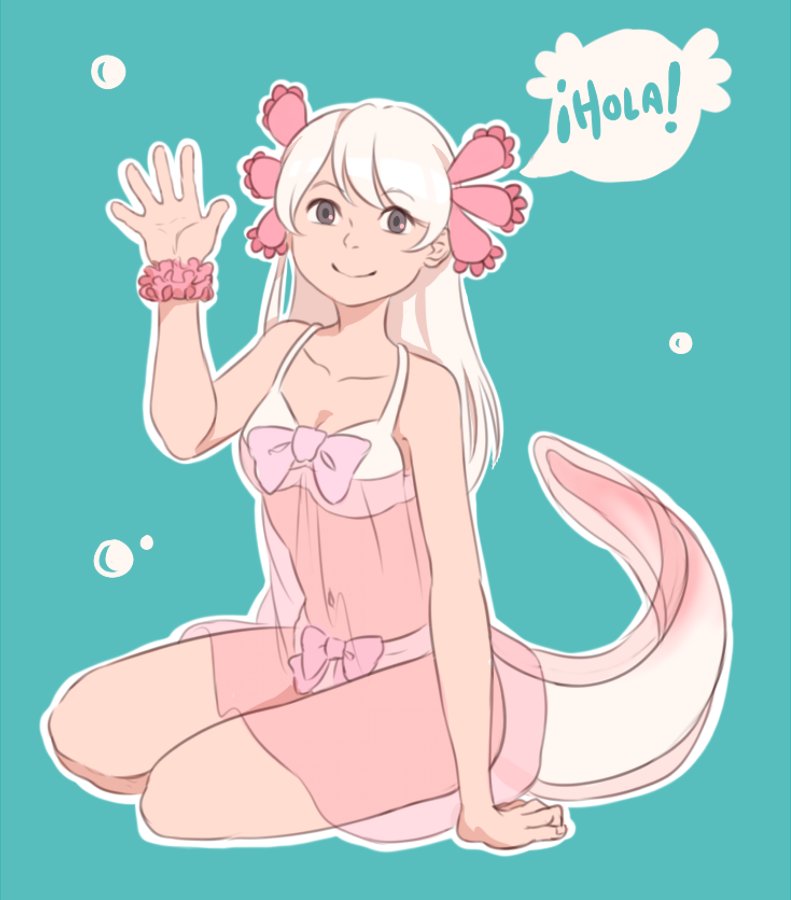 1girl, arm_support, axolotl_(kemono_friends), axolotl_girl, babydoll, bikini, blue_background, hair_ornament