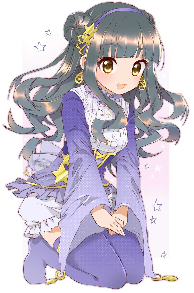 10s, 1girl, black_hair, double_bun, earrings, fujii_tomo, hair_ornament, hairband