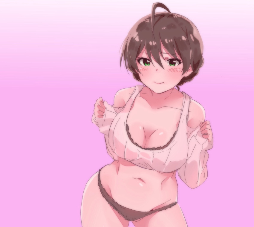 1girl, ahoge, blush, braid, breasts, cleavage, gradient, gradient_background