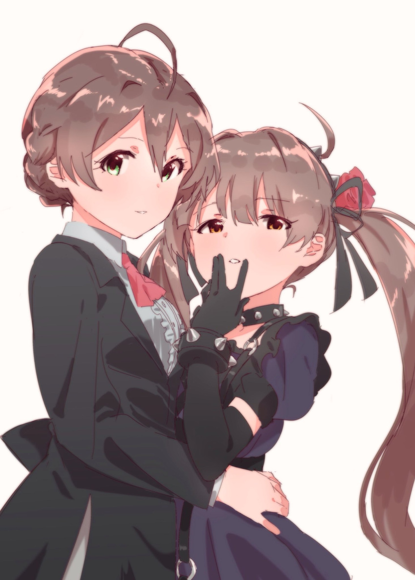 2girls, braid, brown_eyes, brown_hair, dress, elbow_gloves, gloves, green_eyes